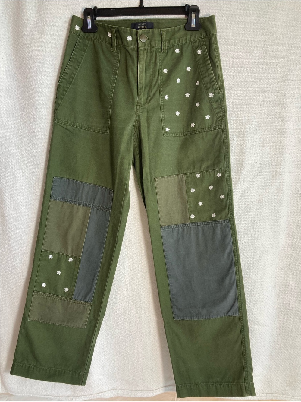 J.Crew Embroidered Boyfriend Chino Patches Daisy Pants Olive Green Women's Sz 4